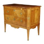 An early 19th century Swiss cherry and satinbirch commode, the moulded edge top crossbanded and
