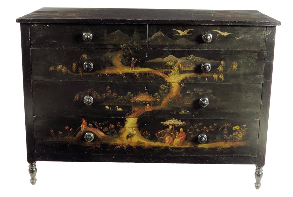 A late 19th century French ebonized and painted commode, decorated with chinoiserie scenes, with two - Image 2 of 5