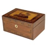 λ A Victorian Tunbridge ware and rosewood box, the hinged lid with a mosaic panel of a stag with