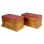 A pair of 19th century Italian walnut ottomans, each with a hinged upholstered seat revealing a