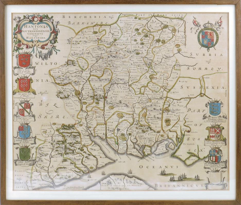 Johannes Blaeu. Hampshire, a hand coloured engraved map inscribed 'HANTONIA, SIVE,