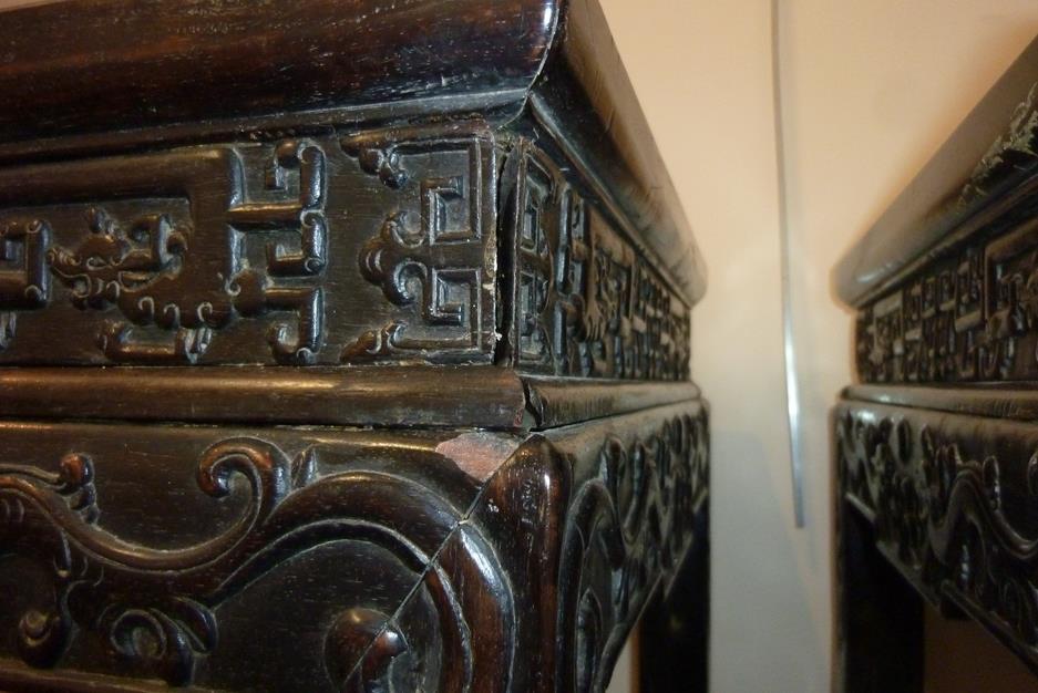 A pair of Chinese hardwood jardinière stands, each with a panelled top above a carved frieze - Image 10 of 28