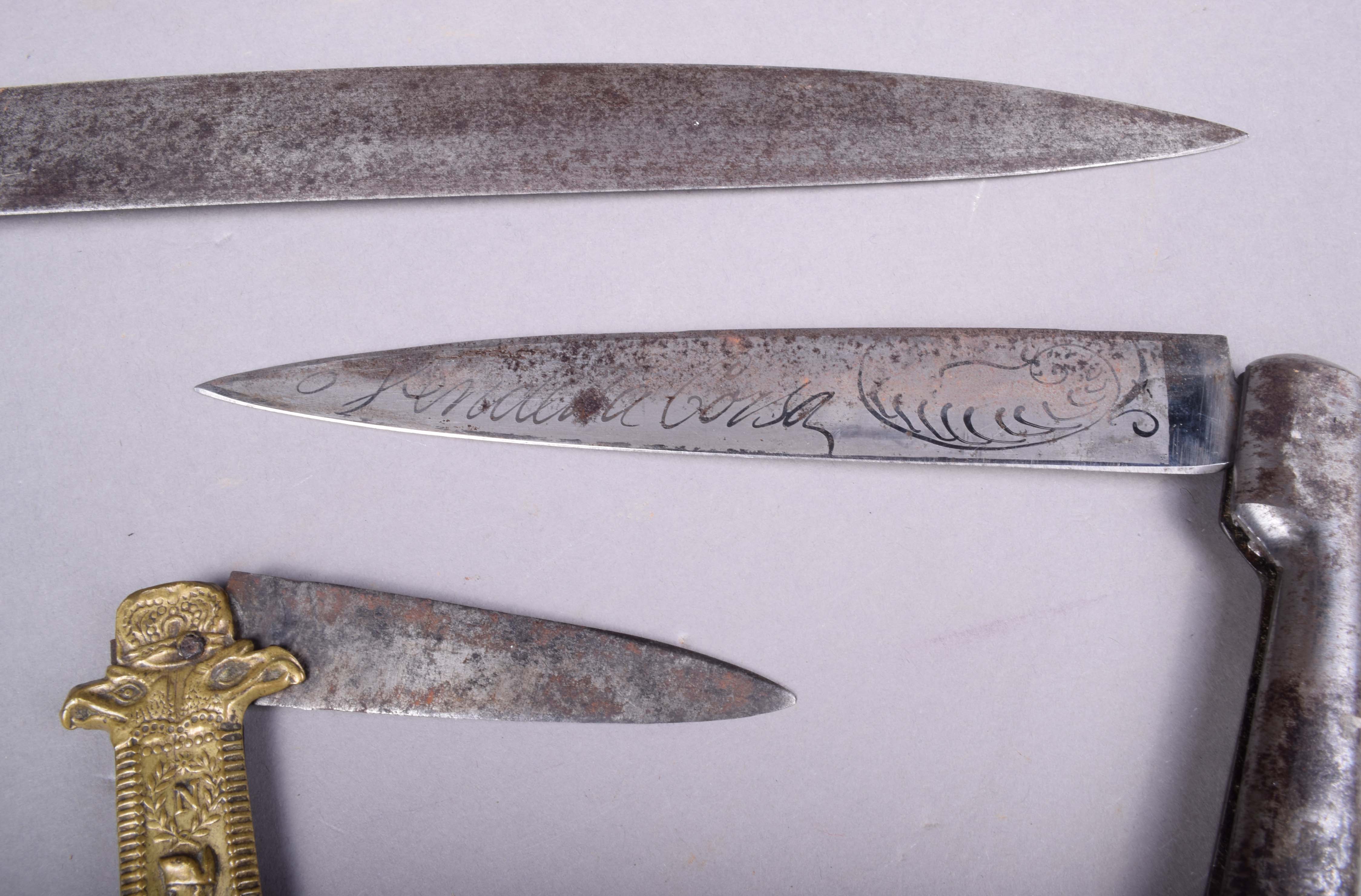 A Corsican Vendetta knife, the blade etched 'Vendetta Corsa,' and 'che
