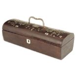 λ A 19th century continental rosewood and mother of pearl inlaid box, with a steel swing handle