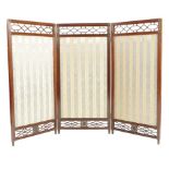 λ A late Victorian rosewood three-fold screen by Howard & Sons, with a blind fret frieze above