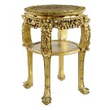 A Chinese giltwood jardinière stand, the lobed top inset with marble with a leaf carved surround and