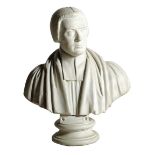 A 19th century plaster bust of a Judge, wearing a wig and robes on a turned socle, 74cm high, 60cm