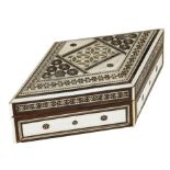 λ An Anglo-Indian sandalwood and ivory lozenge shape box, Bombay, decorated with ebony and sadeli