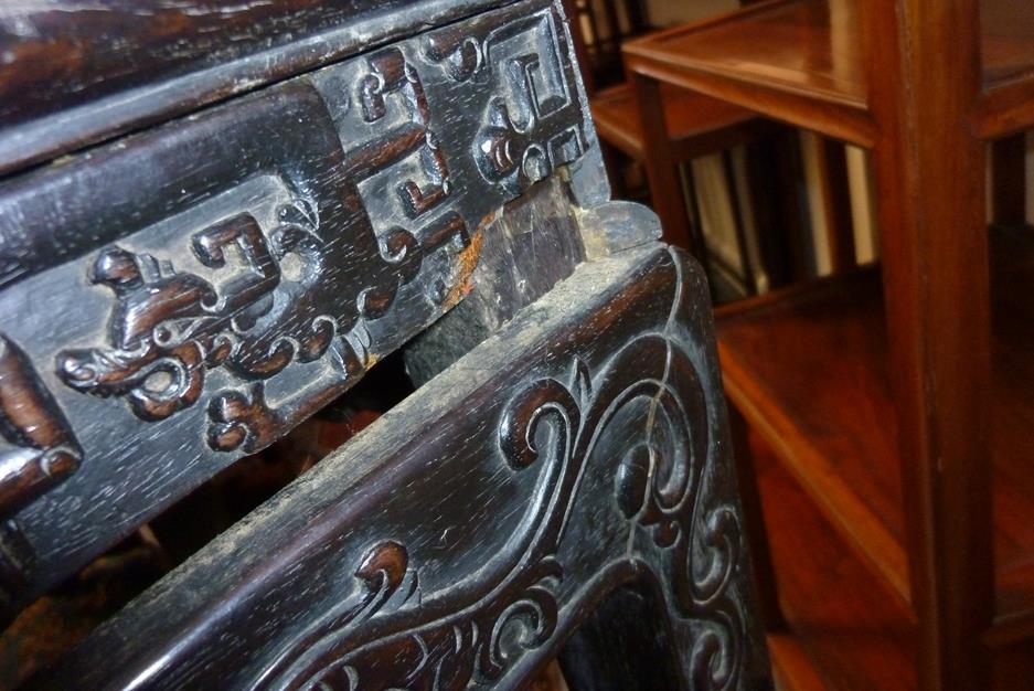 A pair of Chinese hardwood jardinière stands, each with a panelled top above a carved frieze - Image 13 of 28