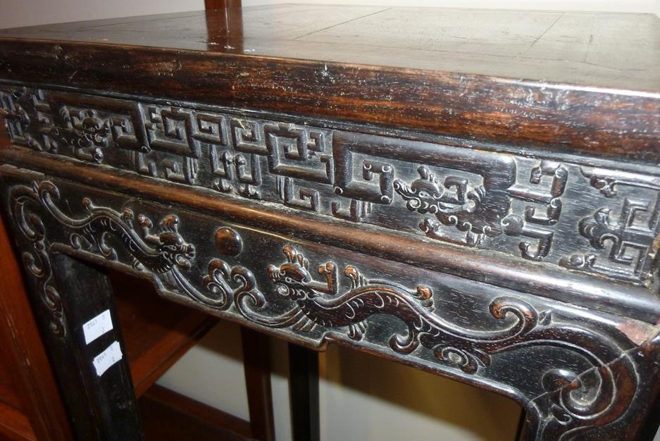 A pair of Chinese hardwood jardinière stands, each with a panelled top above a carved frieze - Image 6 of 28