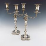 A pair of Edwardian silver two-light candelabra, by Fordham and Faulkner, Sheffield 1908, knopped