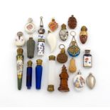 A collection of scent bottles, various materials,  comprising: a double-ended bottle, a carved