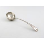 A George III silver Bright-cut pattern soup ladle,  by John Lambe, London 1780, the terminal with an