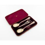 A pair of Victorian silver fruit serving spoons and a pair of grape scissors, over-stamped with