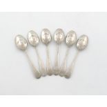 A set of six 18th century silver 'Picture-back' teaspoons,  unmarked, the reverse of the bowls