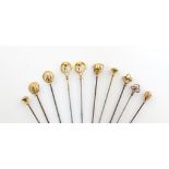 A collection of ten Charles Horner 9 carat gold hat pins, Chester, various dates, including: two