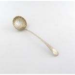A George III silver soup ladle, by John Lambe, London 1787, circular fluted bowl, the handle with