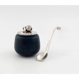 By Georg Jensen, a Danish silver-mounted jam pot and spoon, design numbers 4050A, and 110, the