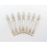 A matched set of seven George III silver Fiddle and Thread pattern table forks, four by Eley,