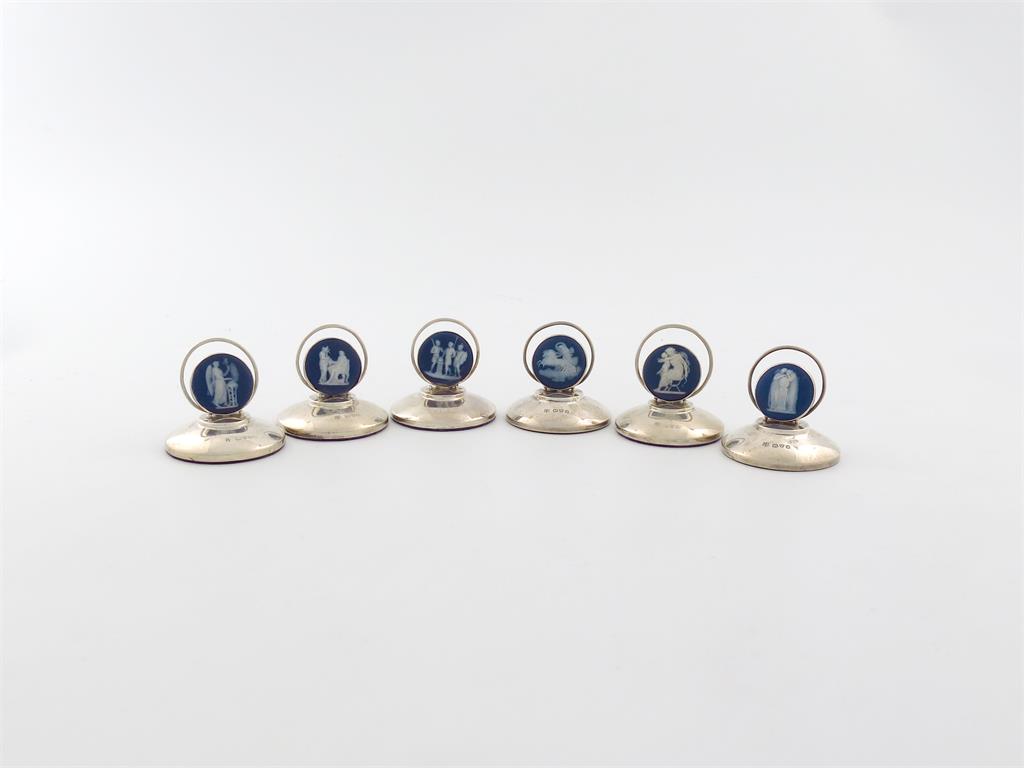 A set of six Edwardian silver-mounted Jasperware menu card holders,  by Deakin and Sons, Chester