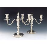 A pair of modern silver three-light candelabra, by Richard Comyns & Sons, London 1963, knopped