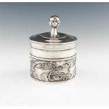 An Edwardian Art Nouveau silver box, by G L Connell Ltd, London 1902, cylindrical form, embossed