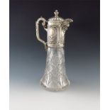 A Russian silver-mounted cut glass claret jug, 1908-1917, tapering circular form, the heavy cut-
