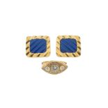 A pair of fluted lapis lazuli centred square~form gold earrings, and a diamond a half~pearl set gold