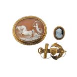 A Victorian pique work faith, hope and charity brooch, a carved hardstone cameo mounted gold ring,