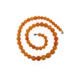 A graduated round amber bead necklace. 75cm. 96g.