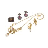 A pair of pink and white paste drop earrings, a cultured pearl and ruby set gold necklace, a pair of