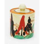 'Red Trees and House' a Clarice Cliff Fantasque Bizarre Cylindrical preserve pot and cover,