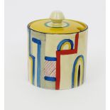 'Tennis' a Clarice Cliff Bizarre Cylindrical preserve pot and cover, painted in colours printed