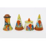 'Butterfly' a Clarice Cliff Fantasque Bizarre pepper pot, painted in colours, and a Clarice Cliff