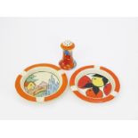 'Orange Roof Cottage' a Clarice Cliff ashtray, painted in colours, an Oranges and Lemons ashtray and