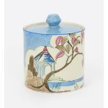 'Blue Japan' a Clarice Cliff Bizarre Cylindrical preserve pot and cover, painted in colours