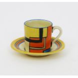 'Mondrian' a Clarice Cliff Fantasque Bizarre Tankard coffee can and saucer, retailed by Lawleys,