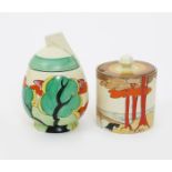 'Coral Firs' a Clarice Cliff Bizarre Cylindrical preserve pot and cover, painted in colours and a