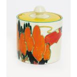 'Solitude' a Clarice Cliff Fantasque Bizarre Cylindrical preserve pot and cover, painted in