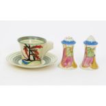 'Coastal Oak' a Clarice Cliff Bizarre Daffodil cup and saucer, painted in colours, and a Pastel