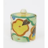 'Green Chintz' a Clarice Cliff Fantasque Bizarre Cylindrical preserve pot and cover, painted in