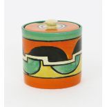 'Castellated Circle' a Clarice Cliff Fantasque Bizarre Cylindrical preserve pot and cover, painted