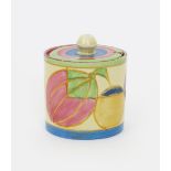 'Pastel Melon' a Clarice Cliff Bizarre Cylindrical preserve pot and cover, painted in colours