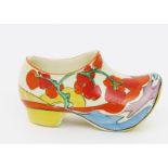 'Orange Bridgewater' a Clarice Cliff Bizarre Clog, painted in colours printed factory marks, 11cm.