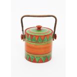 'Original Bizarre' a Clarice Cliff Bizarre Hereford biscuit barrel and cover,  painted with bands of