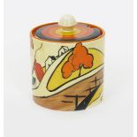 'House and Bridge' a Clarice Cliff Fantasque Bizarre Cylindrical preserve pot and cover, painted