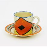 'Diamonds' a Clarice Cliff Bizarre Tankard coffee can and saucer, painted in colours printed factory