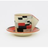 'Cafe' a rare Clarice Cliff Bizarre Conical coffee can and saucer, retailed by Lawleys, printed