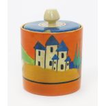'Applique Lucerne' a Clarice Cliff Bizarre Cylindrical preserve pot and cover, painted in colours