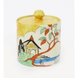 'Japan' a Clarice Cliff Bizarre Cylindrical preserve pot and cover, painted in colours printed
